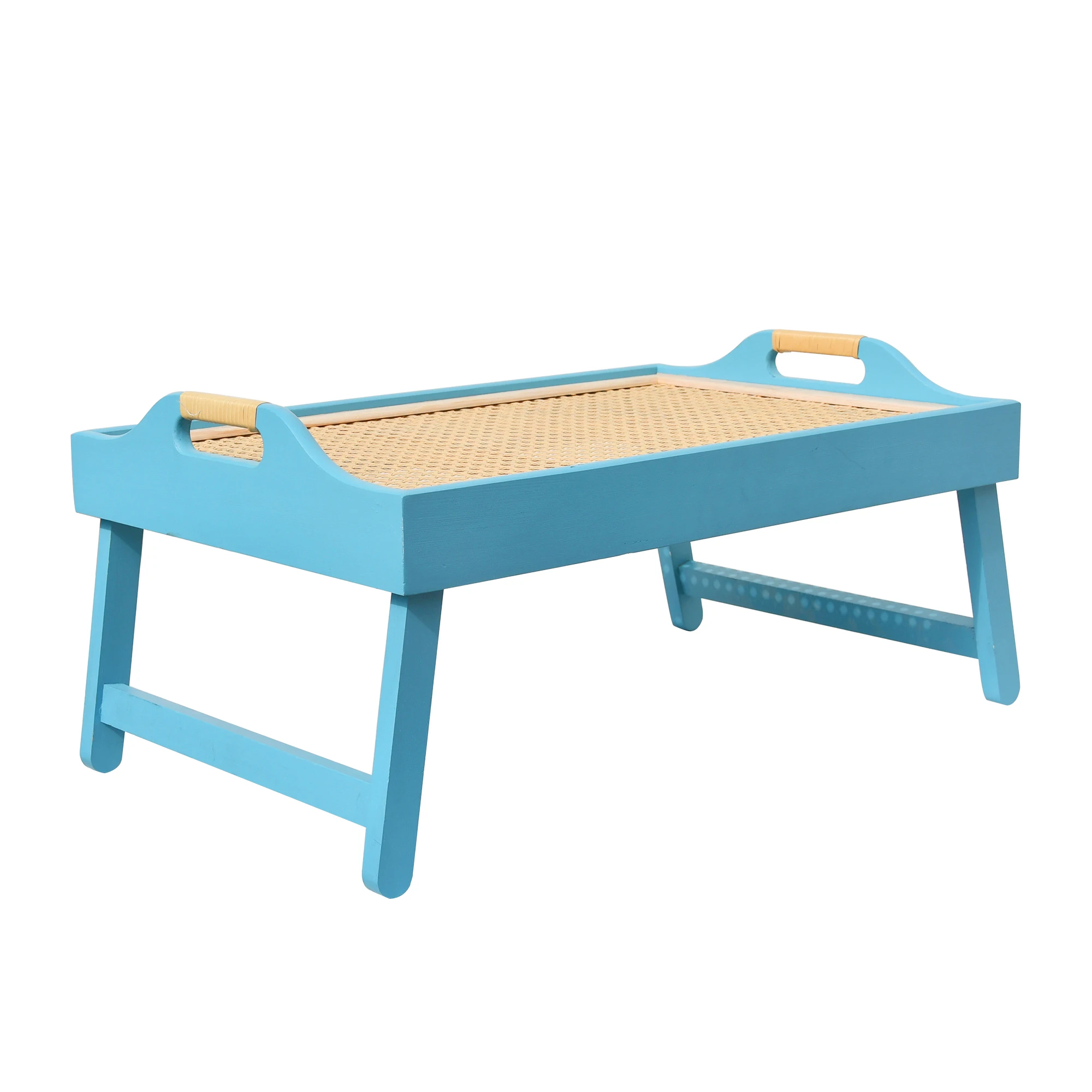 Youlike Elegant Foldable Rattan Serving Tray with Wooden Base Handmade Customizable Breakfast Tray  for Home and Office
