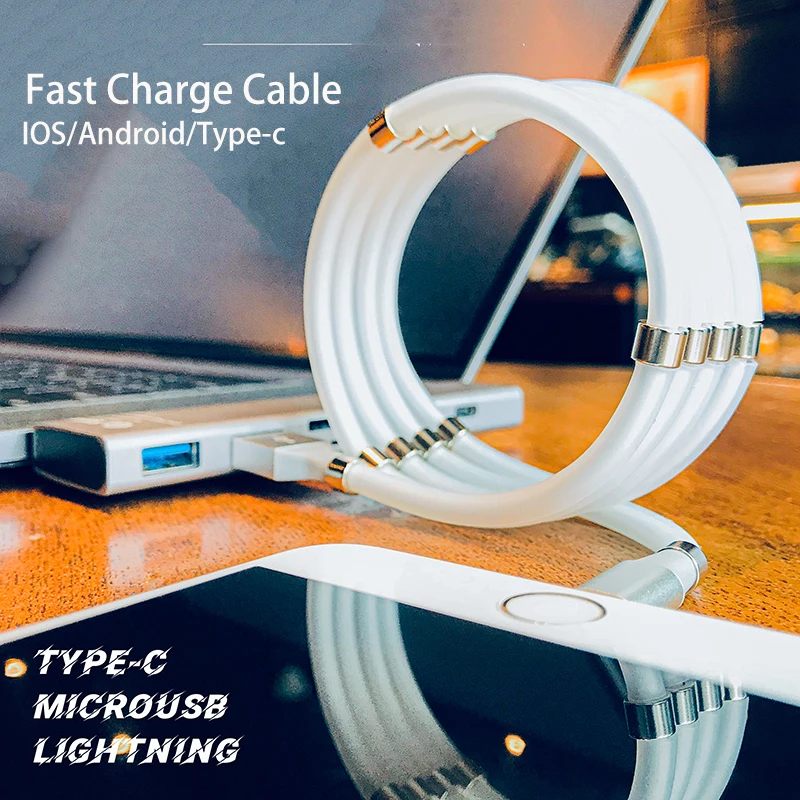 In Stock Fast Magnetic USB Charge Cable Self Winding Type C Micro Cable Cord Charging Data Cables For Lightning Charger