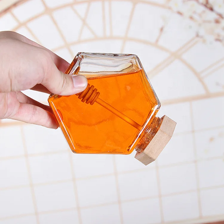  Unique Design hexagonal glass bottle for honey 50ml 100ml 220ml 280ml 370ml 760ml luxury jar with wooden