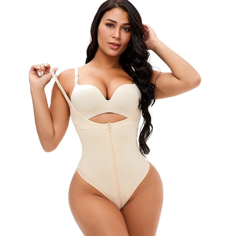 High Waist Zipper Pull Compression Women Thong Shapewear Bodysuit Body Shaper Slimming Briefs Tummy Control Plus Size Bodyshaper