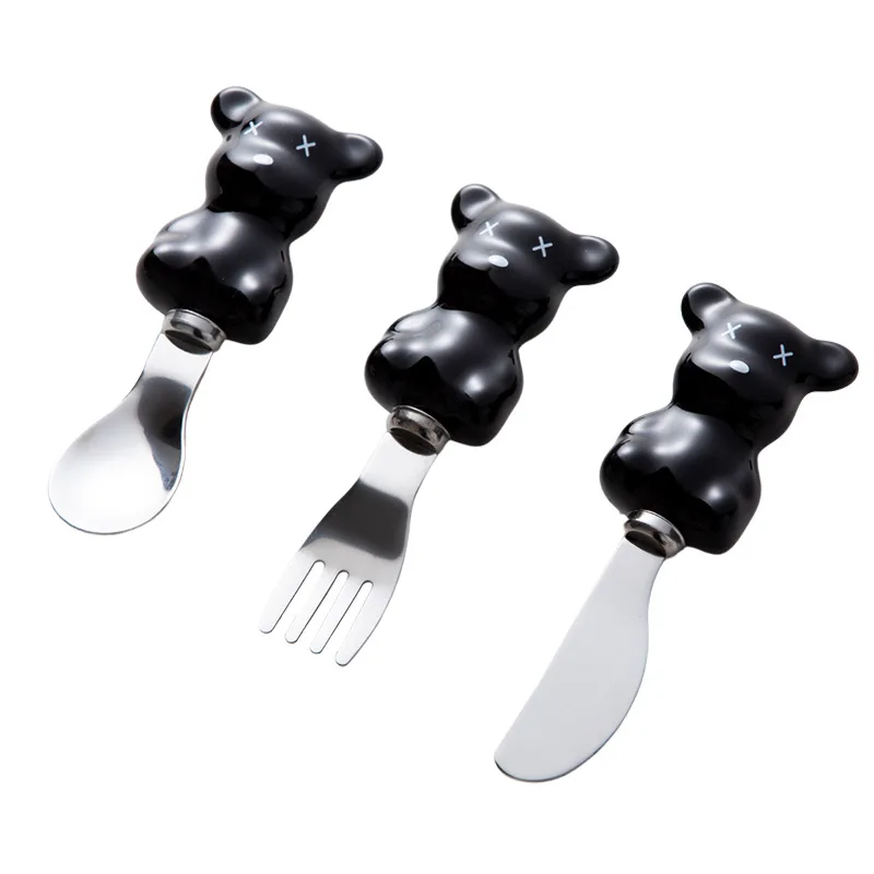 Short Handle Stainless Steel Cartoon Tableware Black White Bear Fruit Fork Spoon Knife