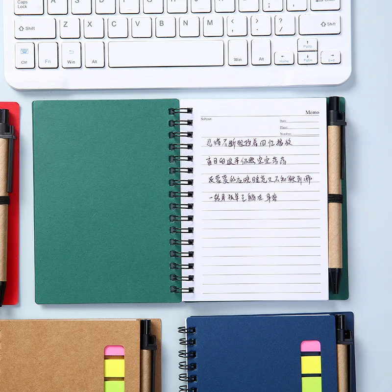 Kraft paper cover spiral binding notepads custom logo printed sticky note stickers memo pad convenience combination with pen