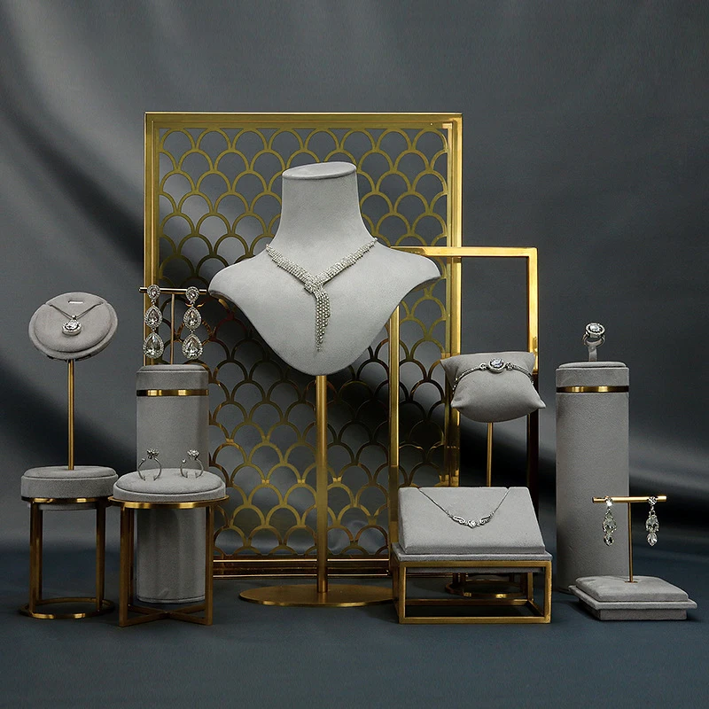 Custom LOGO Luxury Jewelry Rack Shop Store Showcase Exhibitor Metal Jewelry display Stand Set
