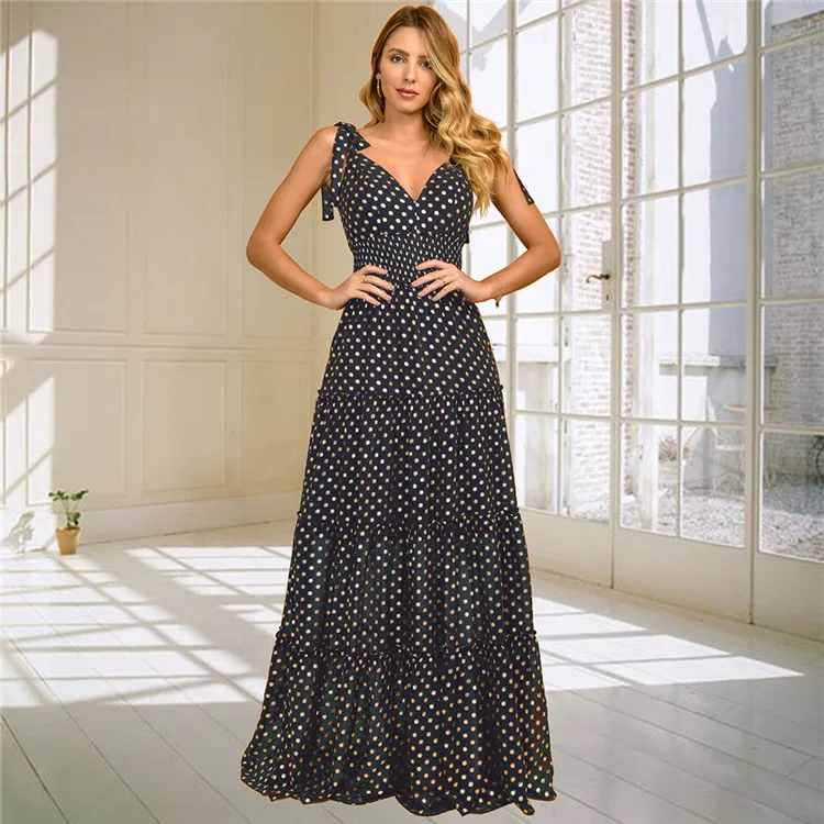 2022 Spring Summer Wave Point V-neck Sling Slim Floor-Length Black Long Dress For women Formal Open Back