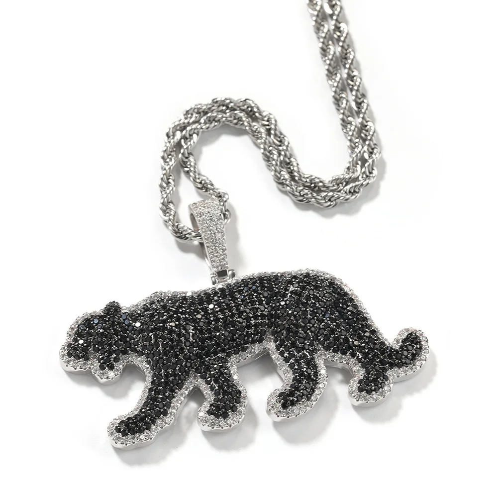 DE Shiny Fashion Stylish Hiphop Jewelry Iced Striking Black Zircon Brass Panther Leopard Cat Pendant Necklace
