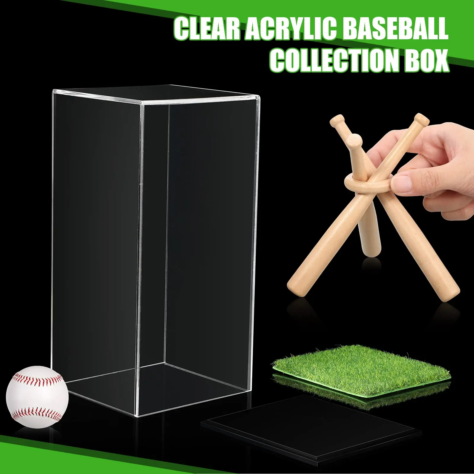 Clear Acrylic Baseball Display Box Single Memorabilia Autograph Ball Case With Grass Pad And Mini Wooden Bat Baseball Holder