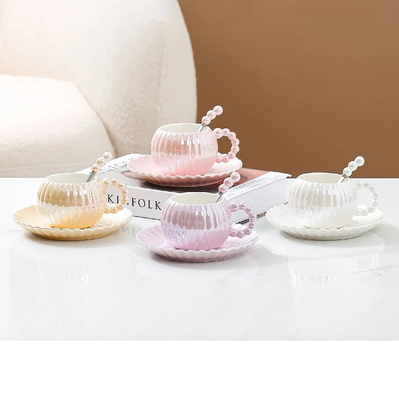 Cute 260ml shiny luxury ceramic coffee mug set Pearl glaze ceramic mugs milk tea cup and saucer suit set with spoon