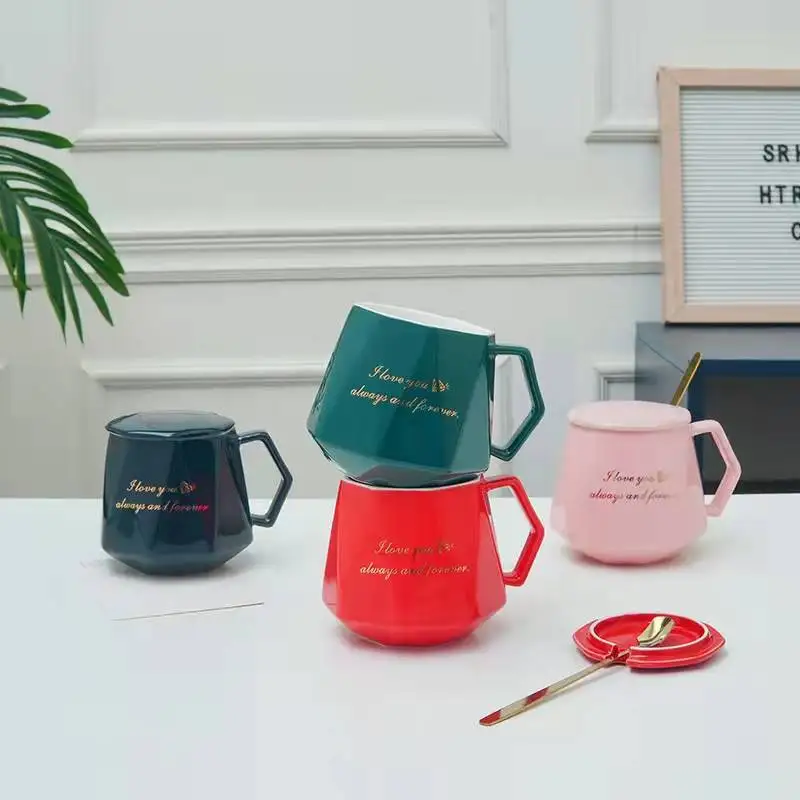 Creative ceramic mugs coffee mugs with handle and lid diamond-shaped porcelain mugs with gift box