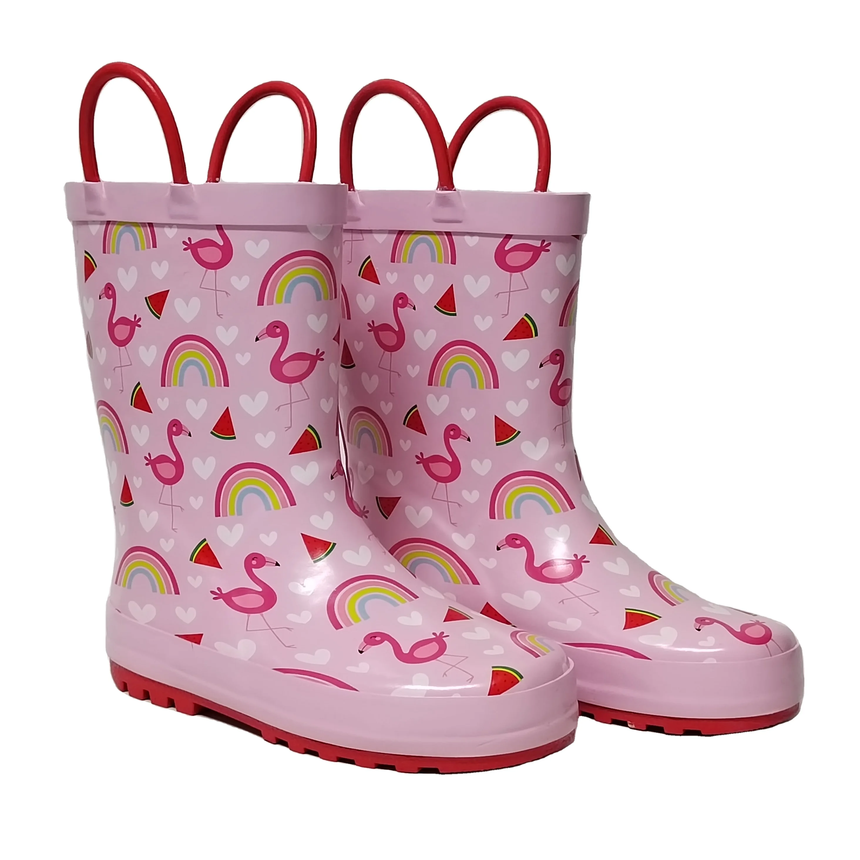 the latest design rainbow red-crowned crane printed rubber rain boots for Children Kids