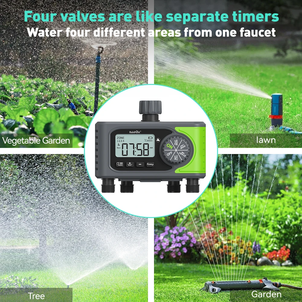 RAINPOINT 4 Zone Irrigation Controller 4 Stations Basic Sprinkler Timer Hose Timer for Big Area