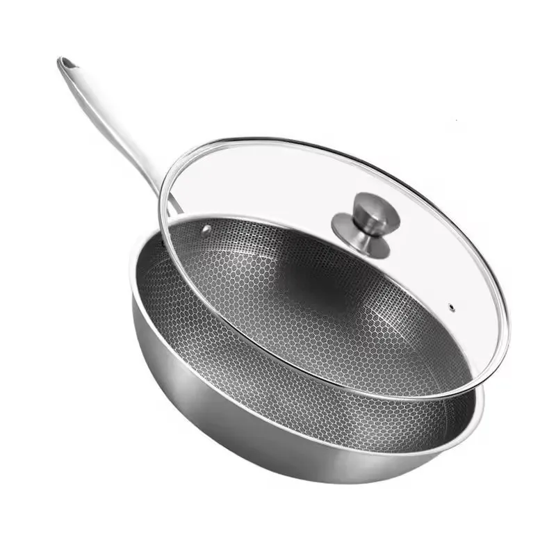 Modern Design Chinese Nonstick Wok Pan Stainless Steel Cooking Frying Pan Glass Lids Flat Induction Cooker Honeycomb Cooking