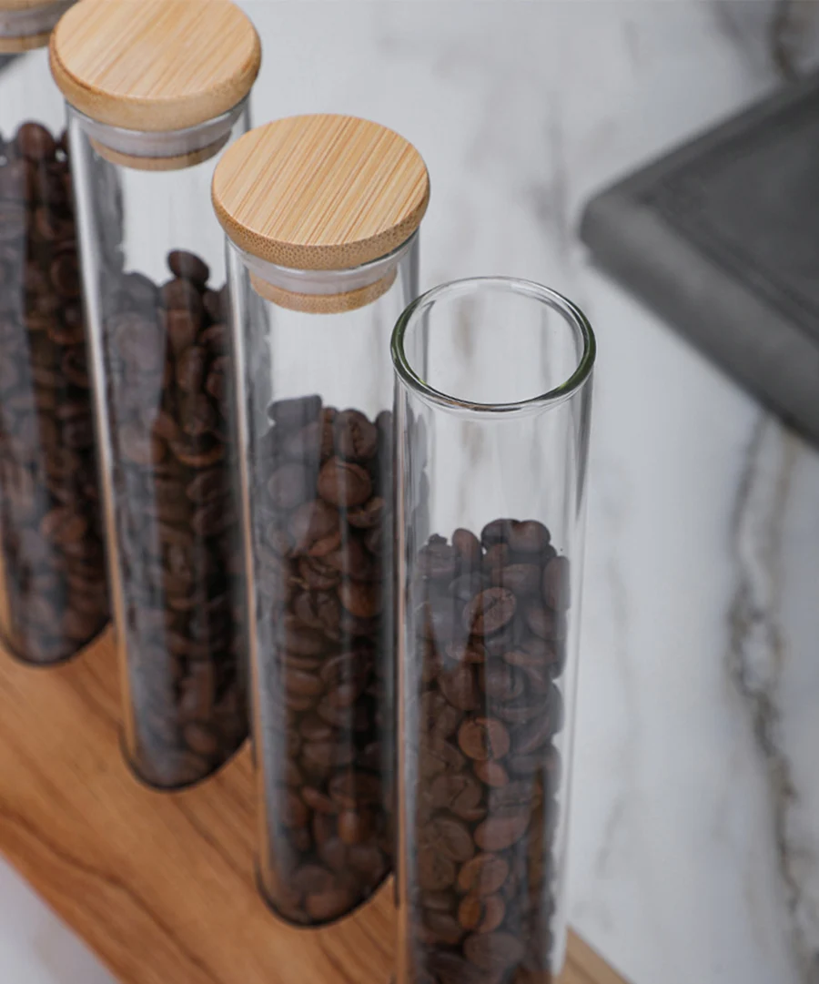 Glass Coffee Beans Storage Tubes Glass Jars with Airtight Lid with Wooden Base for Coffee Beans Tea Cereals