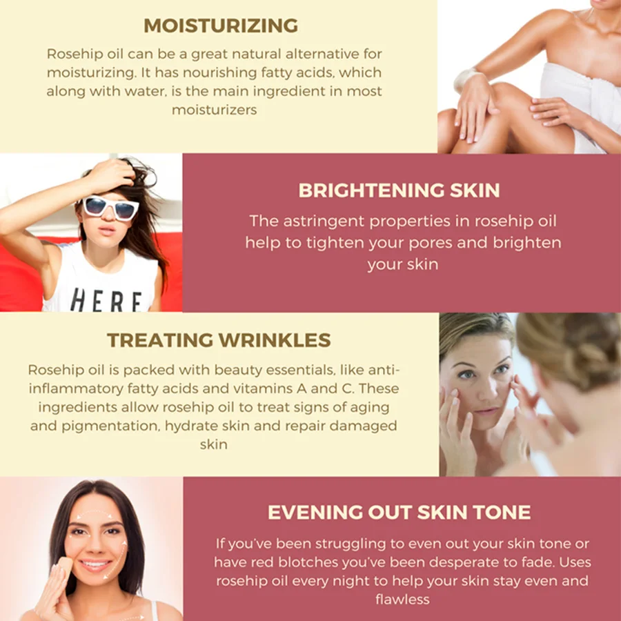 Wholesales Firming Brightening Moisturizing Smoothing Face Skin Hair Organic Cold Pressed Pure and Natural Rosehip Oil