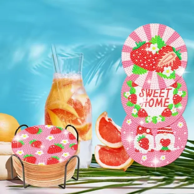 Strawberry Fruit Party DIY Diamond Round 8 Piece Acrylic Art Painting Coaster Set with Fruit Party Supplies Stand