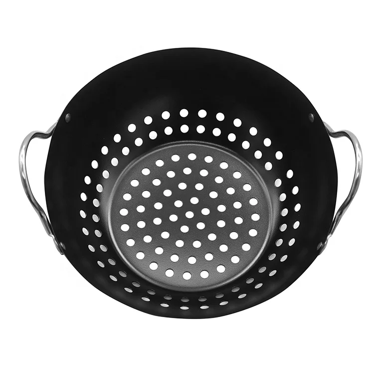 New Arrivals Camping Cookware BBQ Portable Black Round Stainless Steel Non Stick Cast Iron Wok With Two Handle