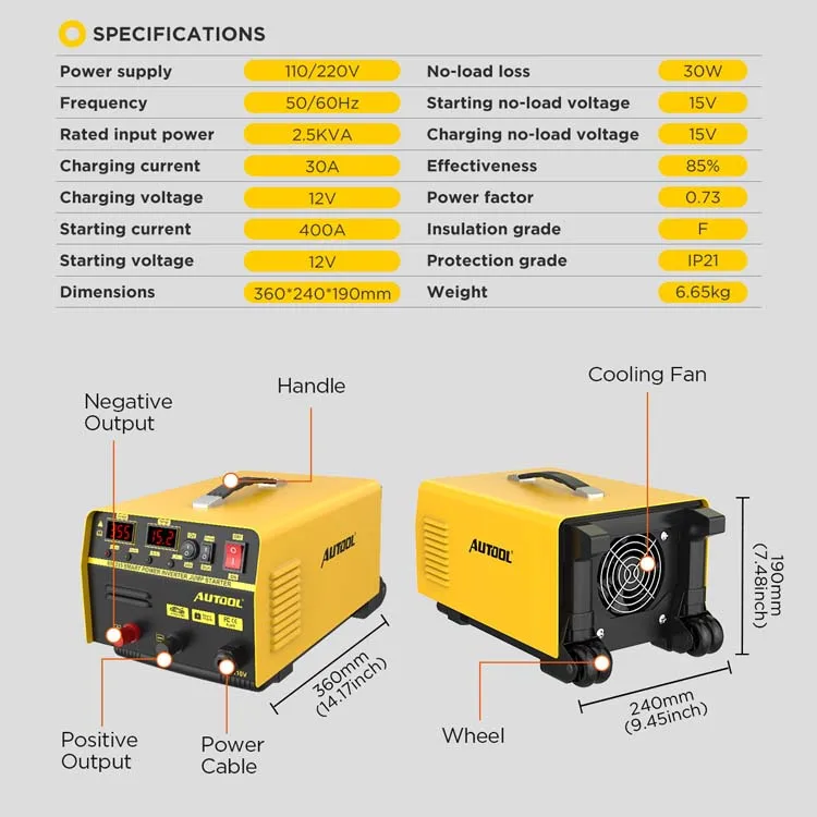 Universal AUTOOL  EM315 Portable 2 In 1 30A Fast Car Battery Charger 12V Jump Starter 400A
