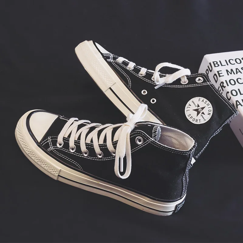 retro style Lace Up Classic male student 1970s high top tennis canvas trendy shoes black shoes men Casual Sneaker