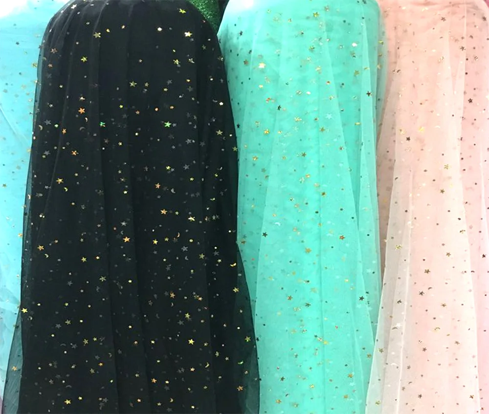 Hot selling wholesale high quality 50D 100% polyester printed fabric star mesh fabric Vietnam market wedding dress fabric