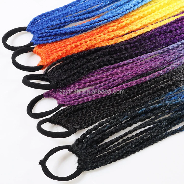 Ponytail Hair Holder Rubber Band Ring Wig 24 Inch Synthetic rainbow Braided for Kid Extensions