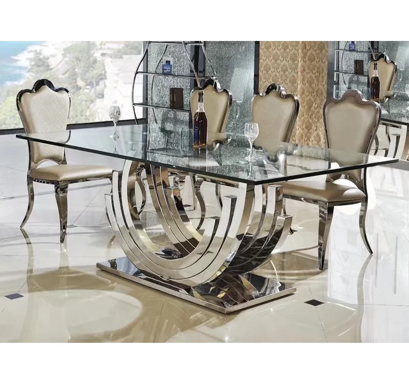 Hot Sales Modern Simple Dining Room Furniture Stainless Steel Chromed Frame Dining Table with Tempered Glass Top for Restaurant