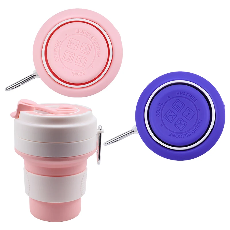 Portable Silicone Collapsible Folding Travel Mug 350ml Outdoor Foldable Silicone Coffee Water Cup Mug with Lid and Carabiner