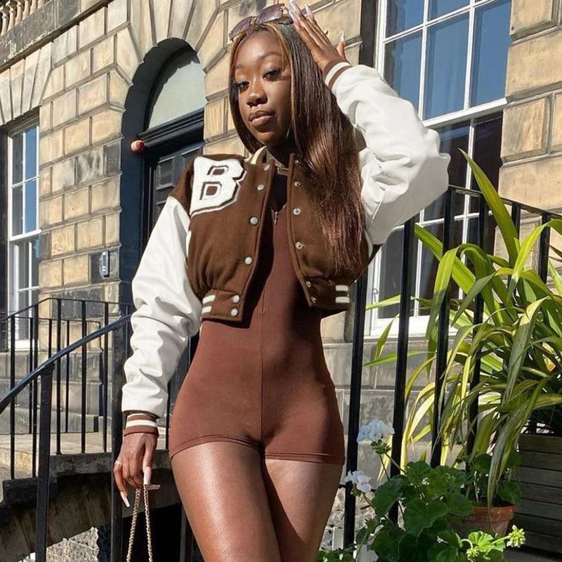 Women Crop Short Coats Autumn Winter Fashion Streetwear Oversize Crop Tops Leather Patchwork Baseball Women Coats Jactets