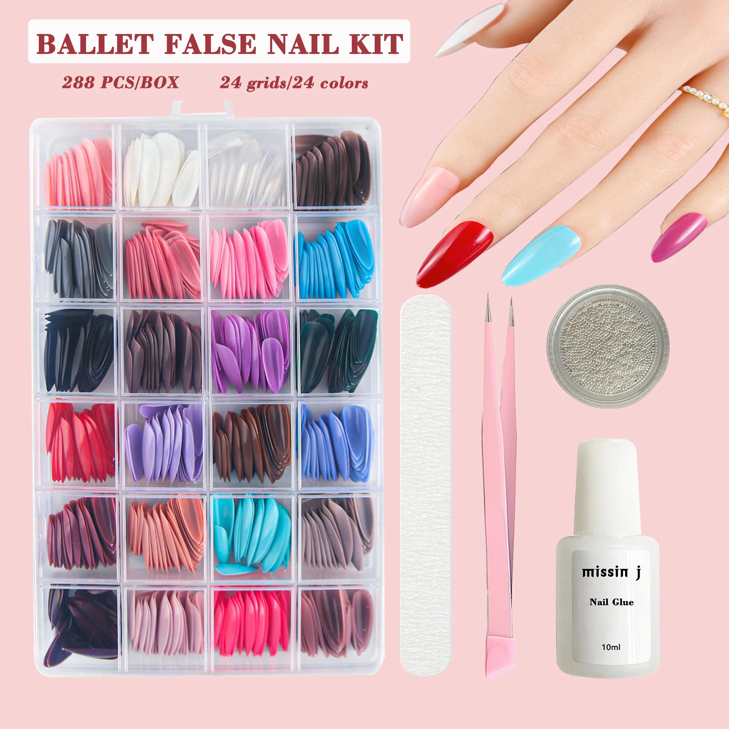 MSJ Press On Nails Kit Glossy 24 Colors False Nails Tips Full Cover Natural Fit with Glue on Nails