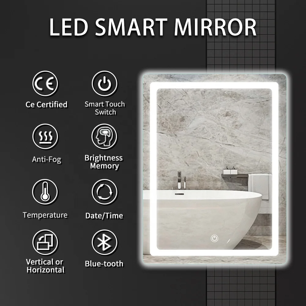 Hotel Design ip44 Waterproof Multifunctional Led Light Smart Bathroom Led Lighted Vanity Mirror Anti Fog LED Bathroom Mirror