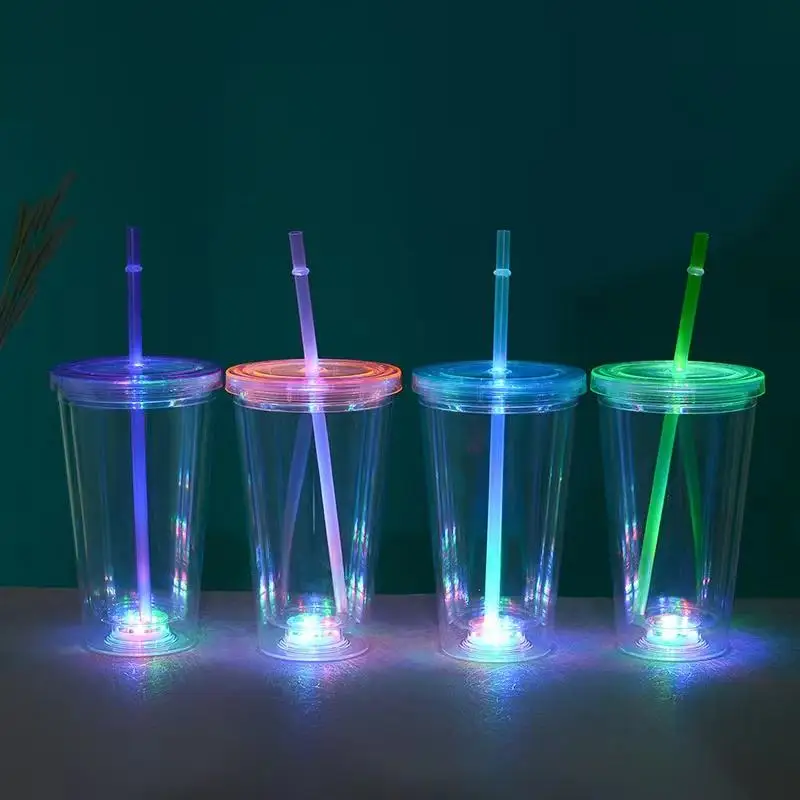 16 Oz LED Light-Up Flashing Insulated Travel Drink Cup,Tumbler with Straw