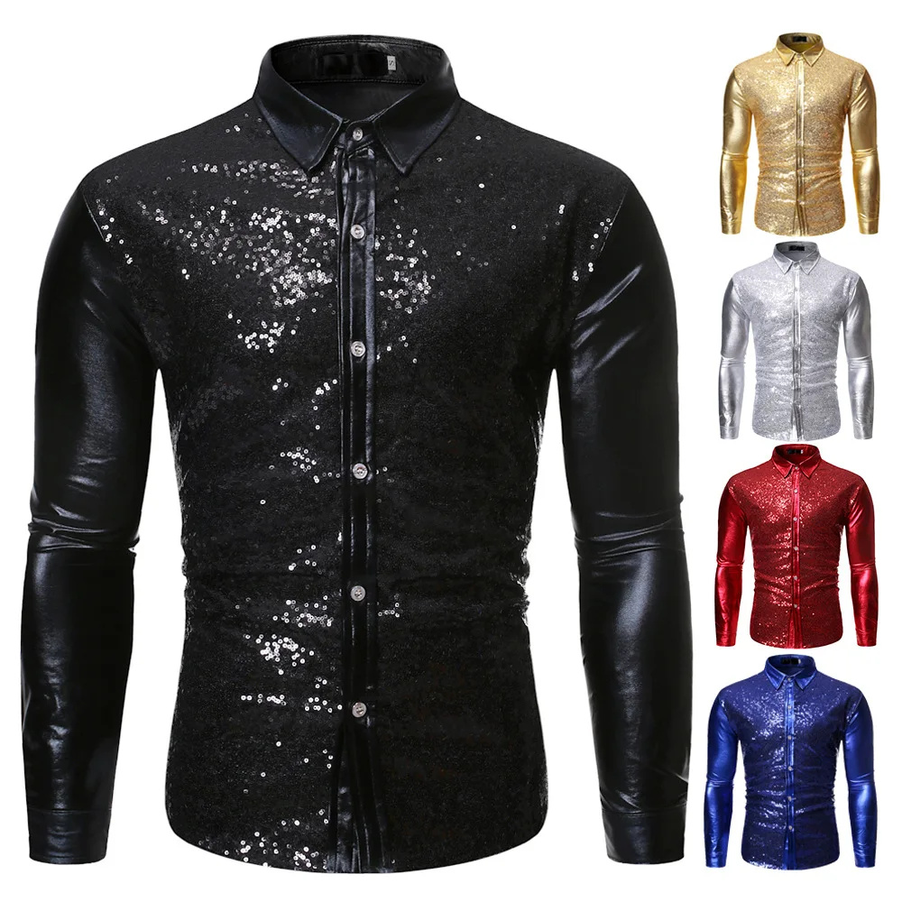 Button Down dress shirts for men sequin Shiny shirt stage performance costume Gold Silver Metallic Sequins Glitter Shirt