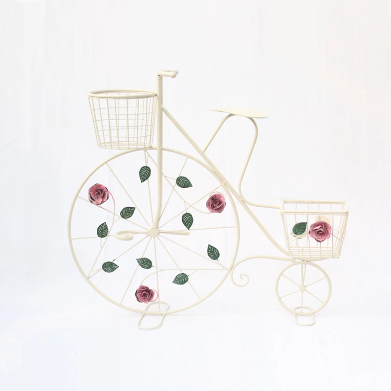 China metal craft factory iron wire cream white bicycle flower pot holder display for garden and home decoration
