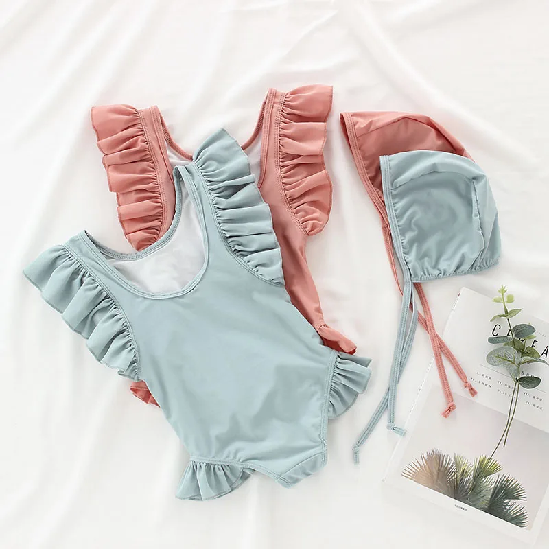 2PCS Baby Girls Summer One-piece Swimsuit Sleeveless Solid Color Ruffle Swimwear Little Girls (1-6Y)  Beach Outfit Swim Set