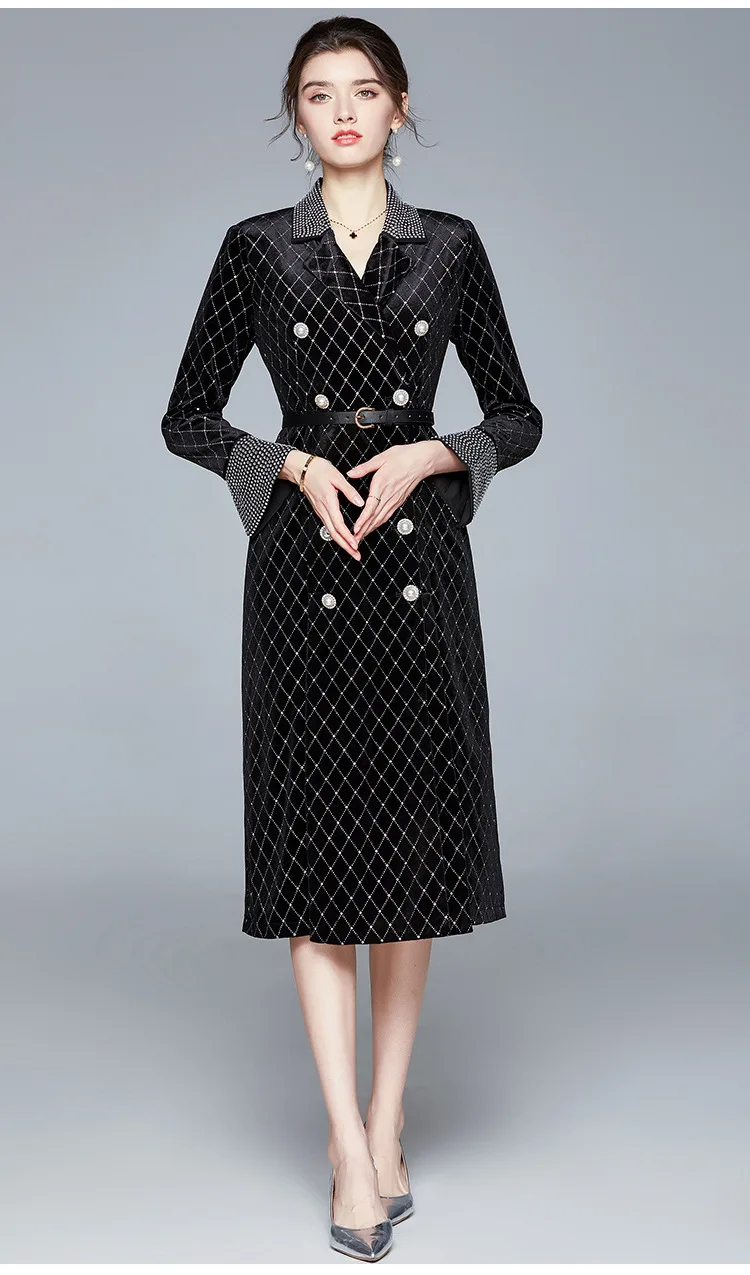 Spot New Products Elegant Casual Wear Temperament Fashion Retro Double-breasted Copper Button Plaid Windbreaker Jacket