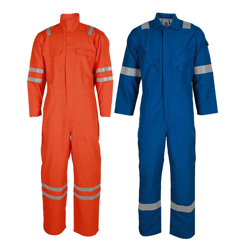 Wholesale Men 100% FR Cotton Safety Working Uniforms Workwear Fire Retardant Work Suit Coverall With Reflector Tape
