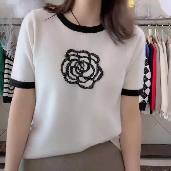 Women 12 Gauge Gold Camellia Short Sleeve Jacquard 100 Cashmere T Shirt