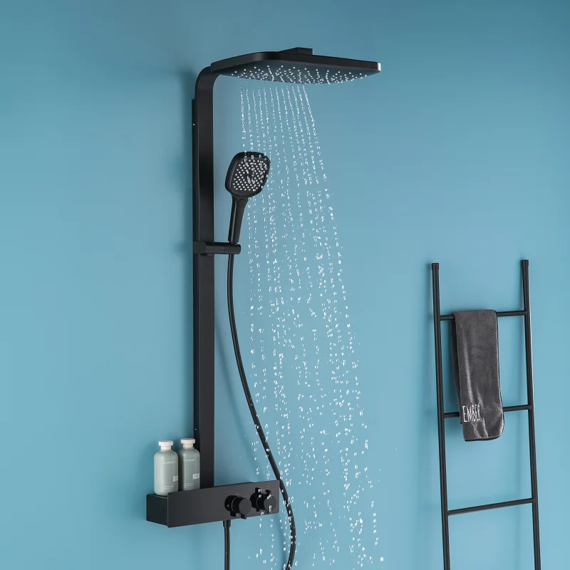Cold And Hot Water Brass Rain Mixer Black System Thermostatic Shower Set