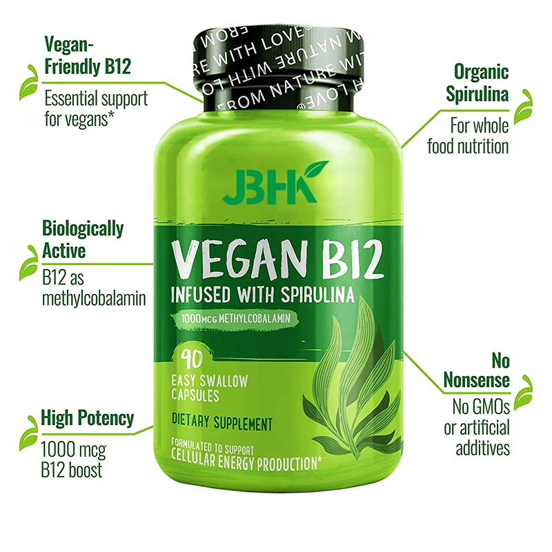 OEM Vegan B12 Capsules Infused with Spirulina 1000MGG,90Capsules Methylcobalamin Dietary Supplement