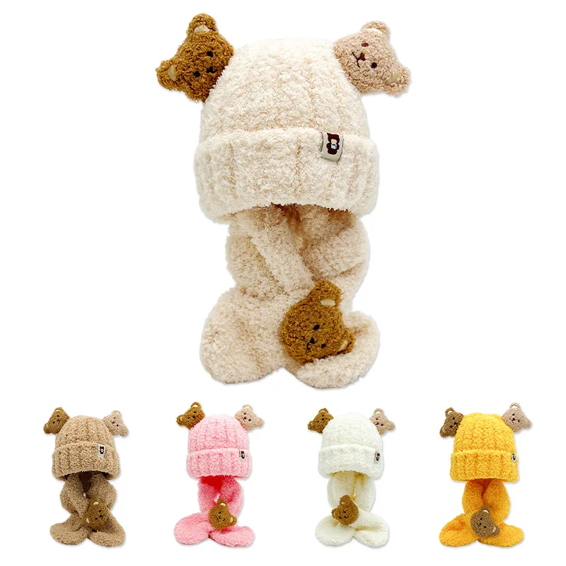 BSBH New Design Cute Plush Winter Hats Kid Scarf Set Baby Ear Warmers Fuzzy Beanie Hats Cartoon Baby Beanie Hats