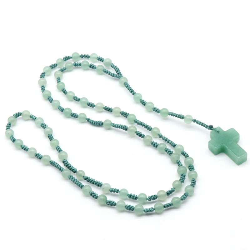 Christian Knot Mala Beads Meditation Yoga Natural Stone Beaded Crystal Gemstone Cross Pendant Mala Rosary Necklace Men Women