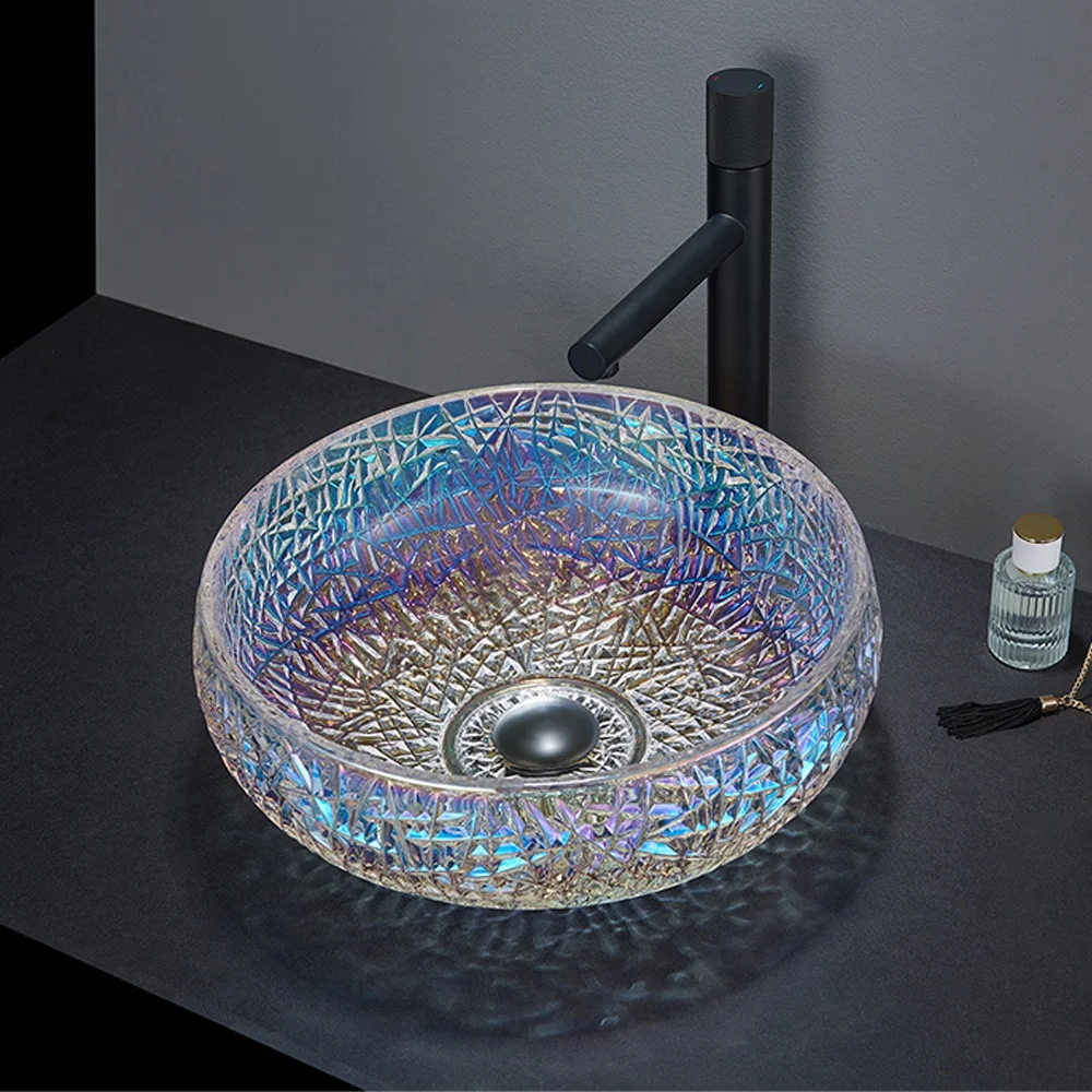 Pate Crystal Glass Wash Basin Sanitary Wares Modern Pedestal Basin For Bathroom