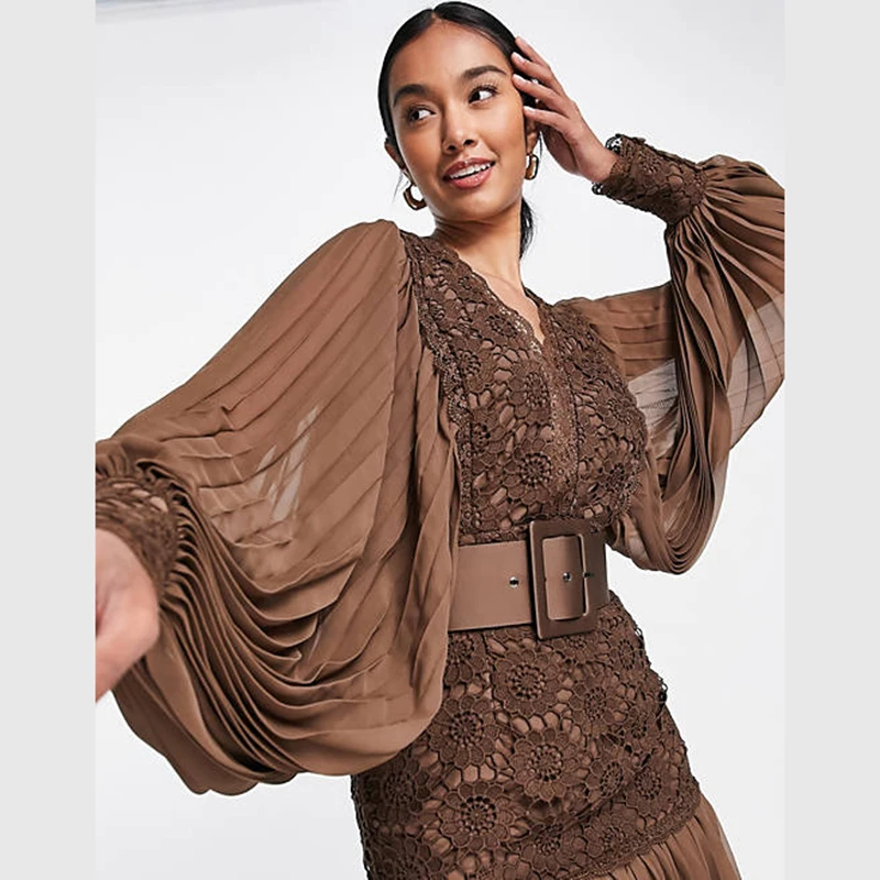 High quality stylish lace mini dress pleated sleeve hem work elegant dresses with satin belt