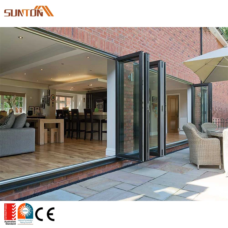 Factory price outdoor metal movable bi fold doors exterior patio weatherproof aluminum glass sliding folding partition door