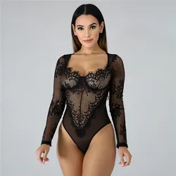 Vintage Embroidered Lace Polka Dot Long Sleeve One Piece Lace Bodysuit Mesh sexy lingeries women underwear