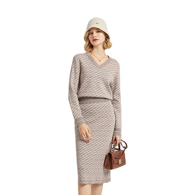 YAQI V Neck Pullover Knit Wool Two Piece Sweater Set Skirts RTS Fall Winter for Women Cashmere Sweater Knitted Autumn Casual S-L