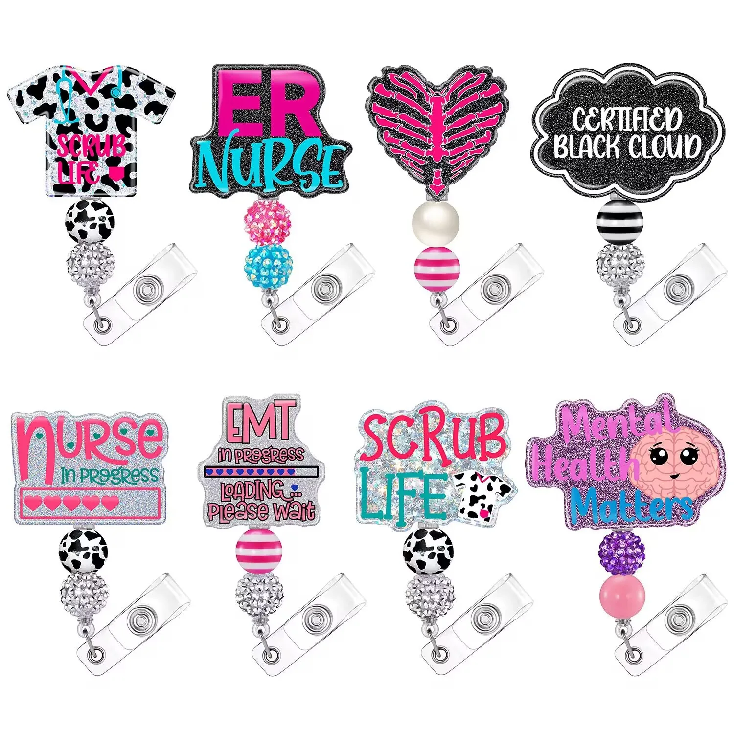 Hot sale  ID Card Clip Crystal acrylic retractable medical students nurse accessories epoxy nurse badge reel wholesale