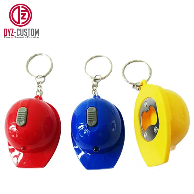 Hard Hat Shaped LED Keychain Bottle Opener Safety Helmet Keyring Made of Plastic with Silk Screen Printing
