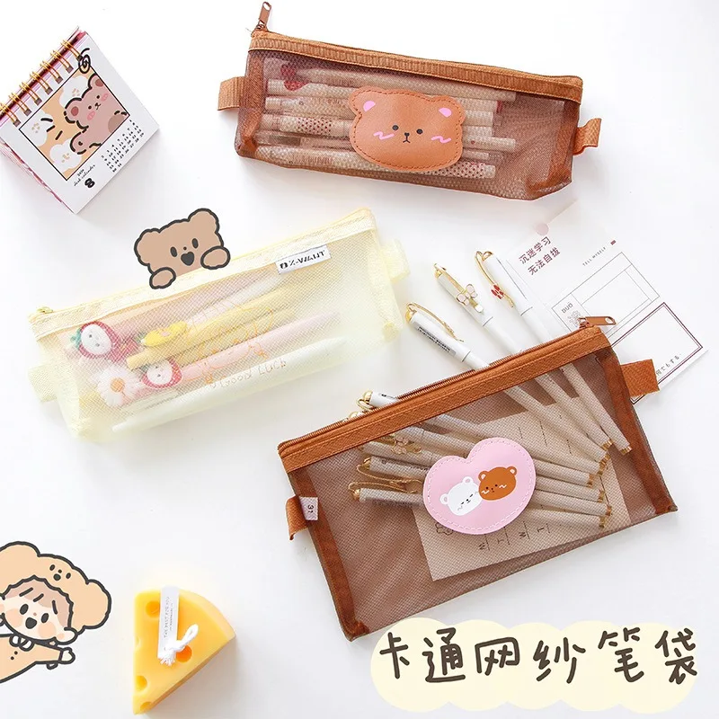 Soft Manufacturer School Girl Canvas Cartoon Large Capacity Stationary Pouch Transparent Mesh Yarn Stationery Box Pencil Case