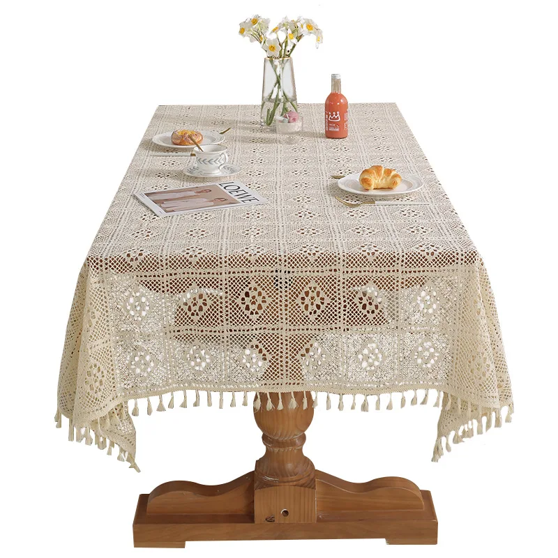 Retro crochet hollow lace polyester cotton wedding table cloth tablecloth anti slip cover beige white dining table cover