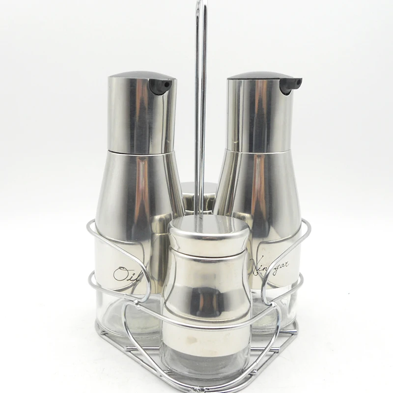 4pcs glass spice set with metal rack glass salt pepper oil and vinegar condiment cruet set with stainless steel lid cover
