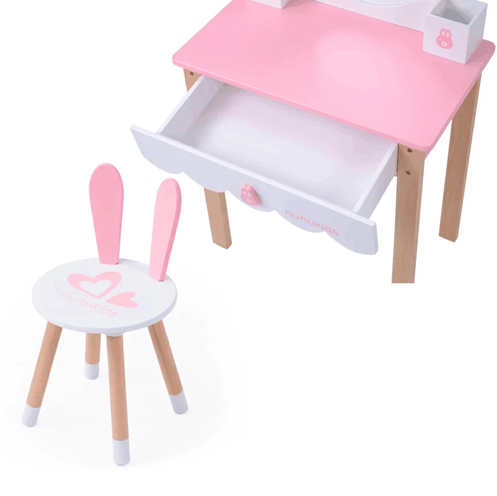 Lovely wooden rabbit design makeup vanity table set for kids from age 3-8 wooden makeup dresser